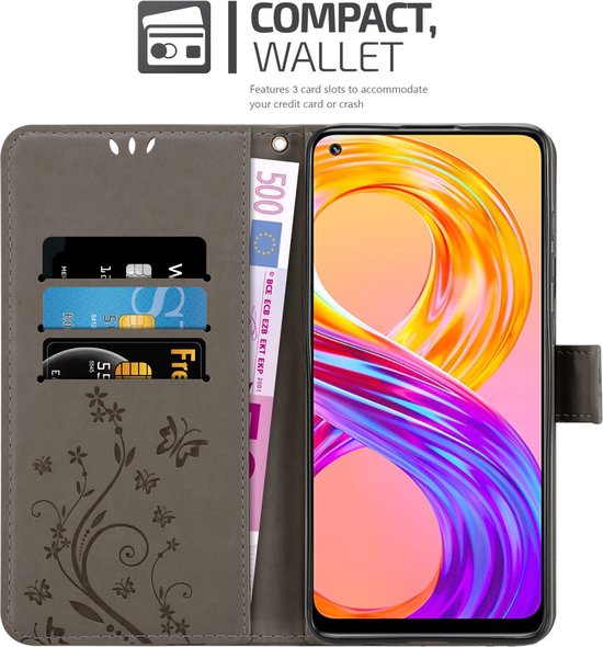 Étui Cadorabo pour Realme 8 4G / 8 PRO en GRIS FLORAL - Housse de protection à motif floral avec fermeture magnétique, fonction support et fentes pour cartes Book Case Cover Etui