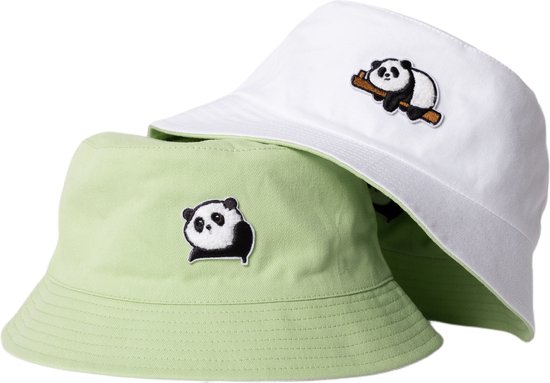 Reversible bucket hat - mybuckethat - panda - groen/wit - vissershoedje - katoen - wollen patch