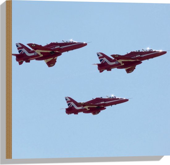 WallClassics - Hout - Rode Vliegtuigen in de Lucht - 50x50 cm - 9 mm dik - Foto op Hout (Met Ophangsysteem)