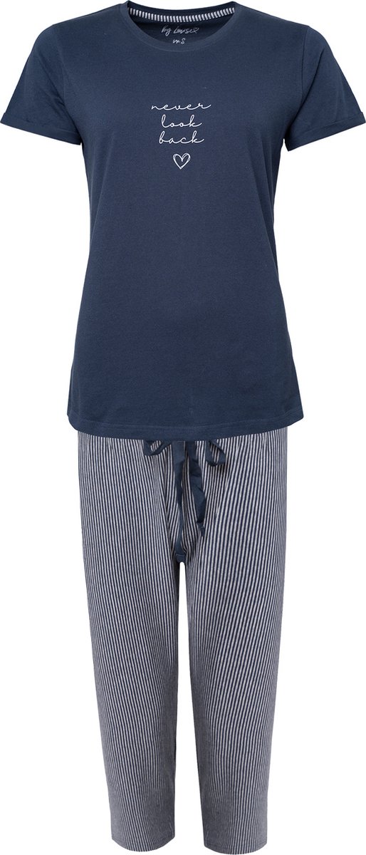 By Louise Essential Dames Capri Pyjama Set Blauw Met Grijs Gestreept 3/4 - Maat L