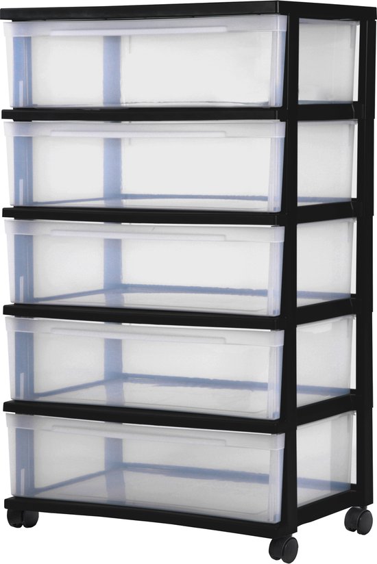 Foto: Iris new wide chest ladesysteem 5 lades x 30l kunststof zwart transparant met wielen