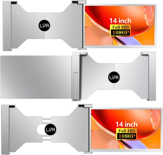 Moniteur portable Lipa S14 14 pouces - Écran d'ordinateur portable Extra - Écran portable - HDR - Full HD avec 60 Hz - USB-C et HDMI - Pour ordinateurs portables entre 14 et 17 pouces - Haut-parleurs - Peut également être utilisé séparément