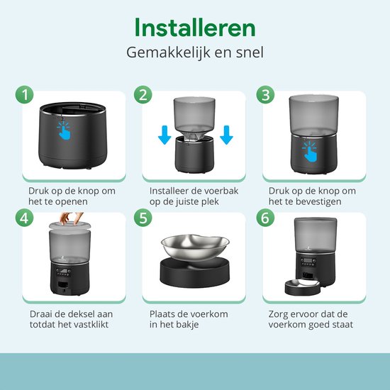 Installatie automatische voerbak: knop indrukken, voerbak plaatsen, bevestigen, deksel vastdraaien en voerbak plaatsen.