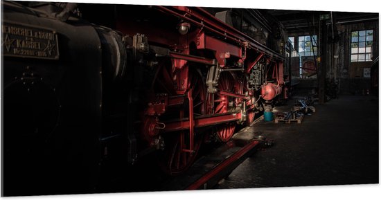 WallClassics - Acrylglas - Locomotief zwart met rood - 200x100 cm Foto op Acrylglas (Met Ophangsysteem)