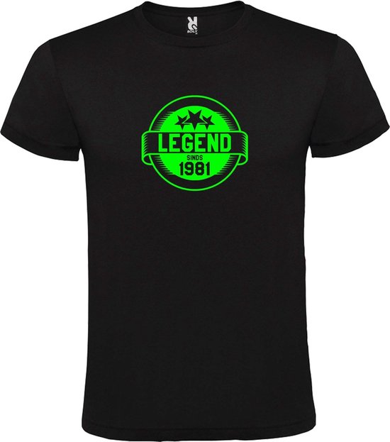 Zwart T-Shirt met “Legend sinds 1981 “ Afbeelding Neon Groen Size XXXXXL