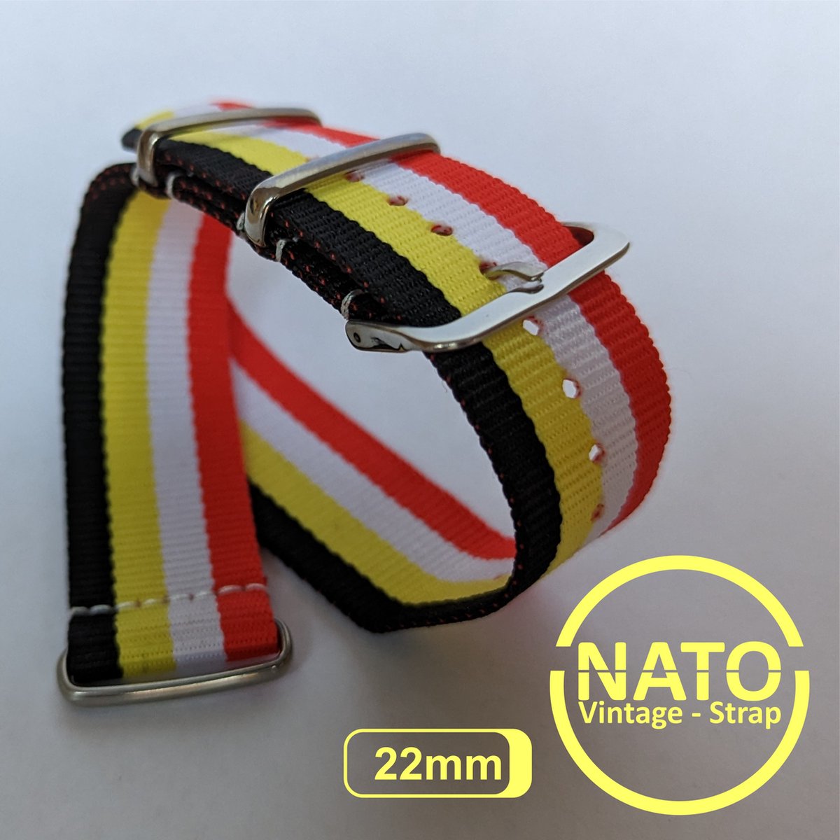 22mm Premium Nato Strap Rood Wit Geel Zwart - Vintage James Bond - Nato Strap collectie - Mannen - Vrouwen - Horlogeband - 22 mm bandbreedte voor oa. Seiko Rolex Omega Casio en Citizen