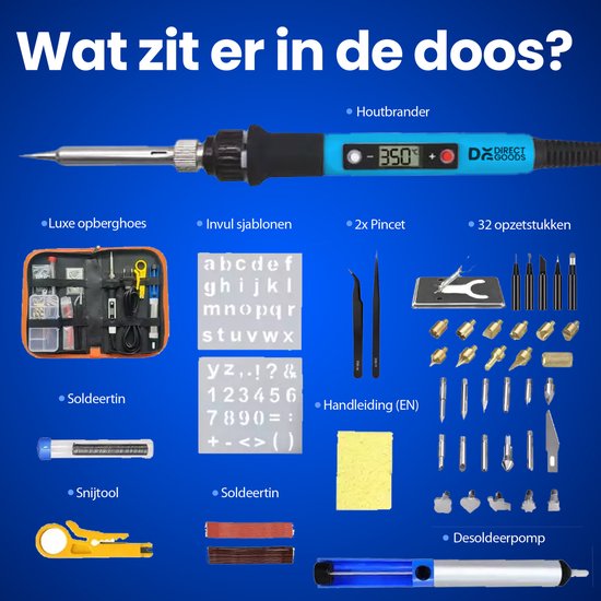 Inhoud van de houtbrander set: soldeerbout, stencils, opbergkoffer, soldeertin, 2 pincetten, snijtool, en diverse opzetstukken.