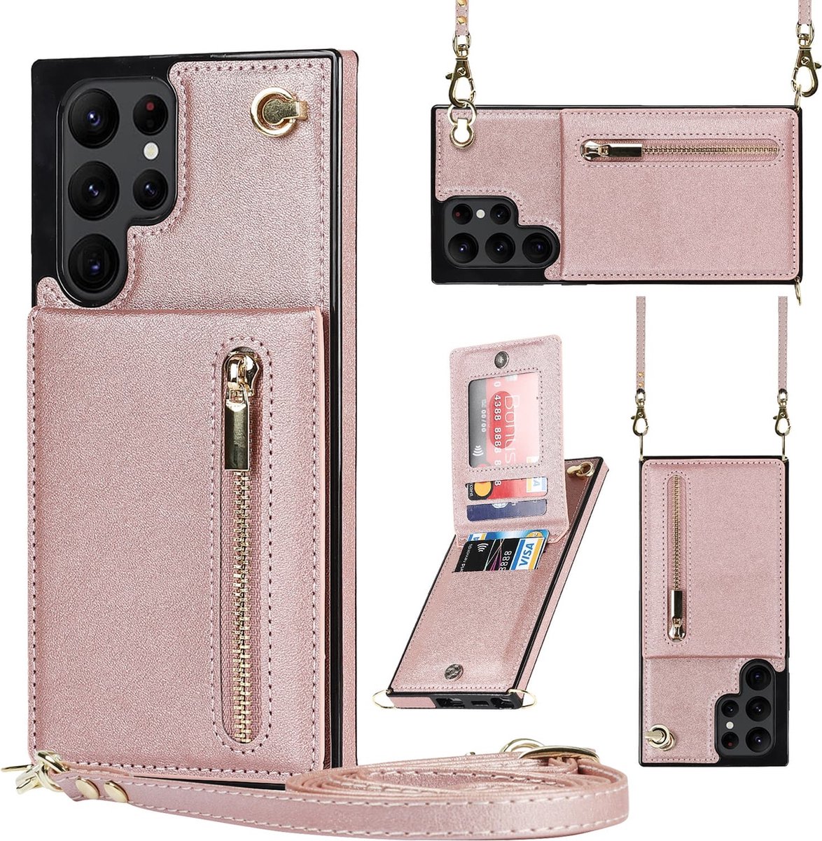 Wallet hoesje met koord geschikt voor Samsung S23 Ultra - Rosegoud