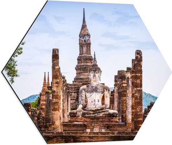 Dibond Hexagon - Grote Buddha op Wat Mahathat Tempel voor Berg in Ayutthaya, Thailand - 60x52.2 cm Foto op Hexagon (Met Ophangsysteem)