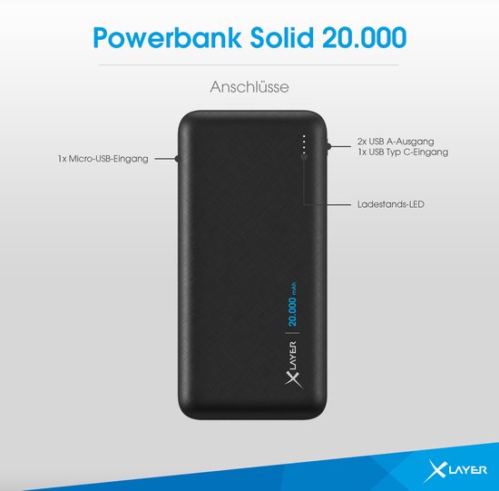 XLayer PB-20000 Solid - Batterie externe 20 000 mAh - 1 x USB-C, 2 x USB-A - 74 Wh - noir