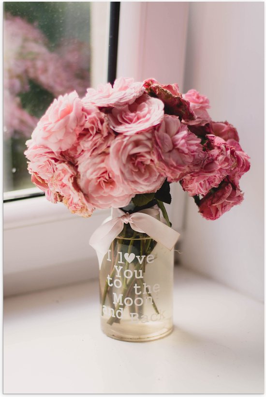 Poster (Mat) - Boeket Roze Bloemen in Doorzichtige Vaas met Tekst ''I Love You To The Moon And Back'' - 70x105 cm Foto op Posterpapier met een Matte look