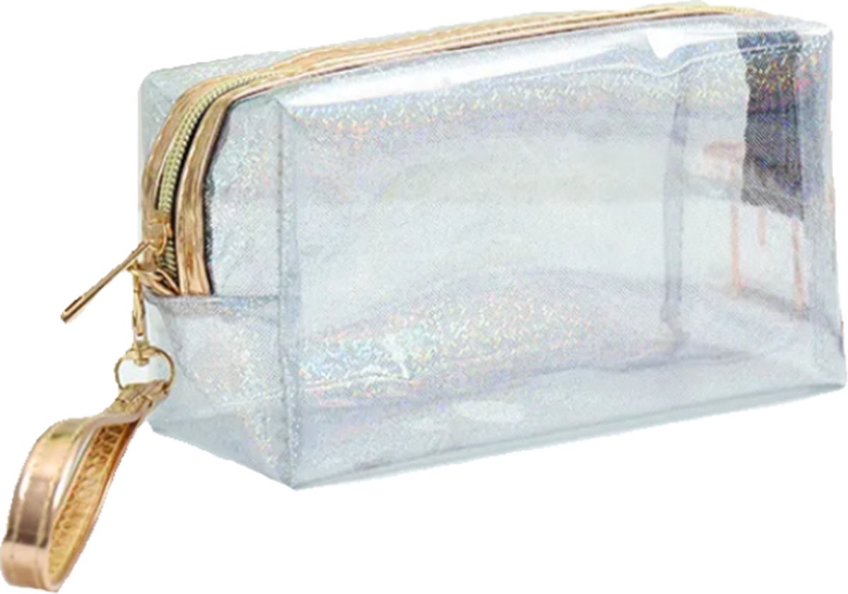Etui - Make-Up / Toilettas | Glitter Zilver | 17,5 x 10,5 x 7,5 cm | PVC Waterafstotend | Fashion Favorite