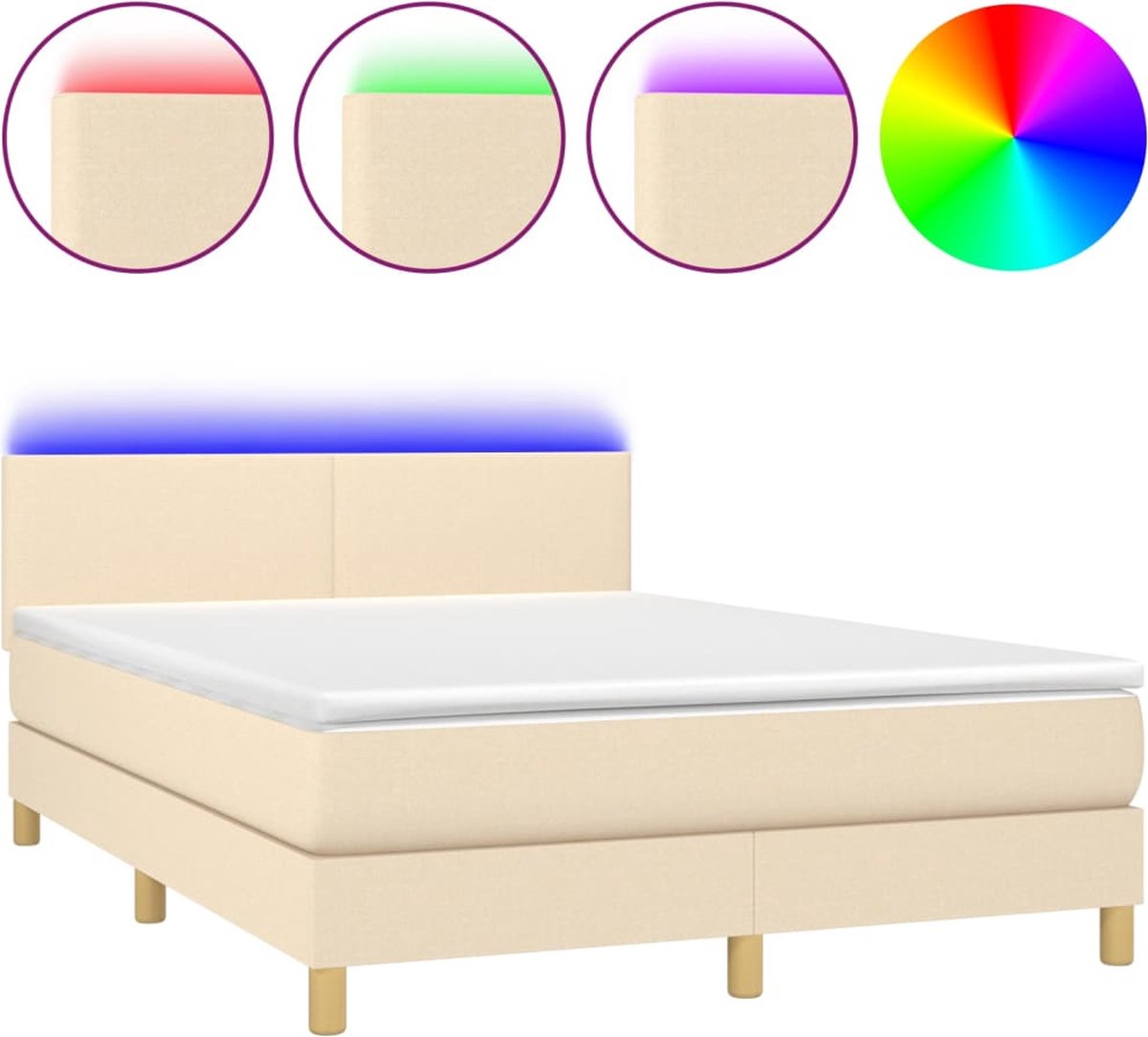 vidaXL - Boxspring - met - matras - en - LED - stof - crèmekleurig - 140x200 - cm