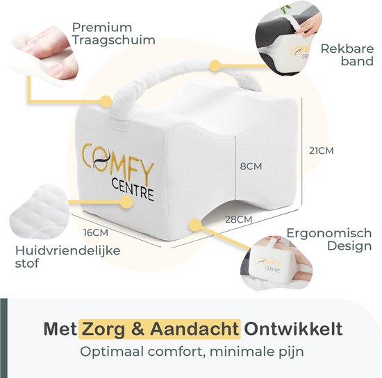 Wit Comfy Centre kniekussen van traagschuim met draaggreep, afmetingen 28x21x8cm. Huidvriendelijke stof.