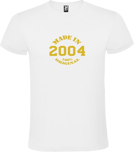 Wit T-Shirt met “Made in 2004 / 100% Original “ Afbeelding Goud Size XXXXXL