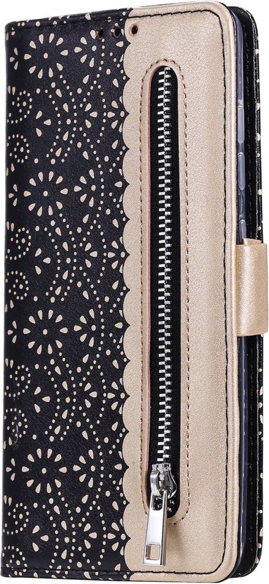 Portemonnee zwart goud wallet book-case rits hoesje iPhone 14 Pro Max