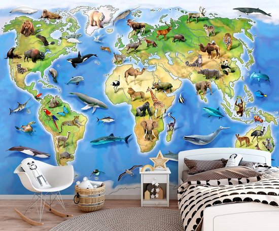 Papier peint chambre enfant carte du monde animaux