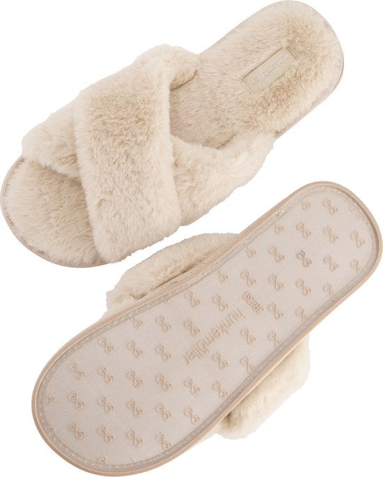 Hunkemöller Dames Accessoires Pantoffels Crossed Fake Fur - Beige - maat 36/37