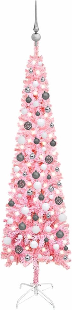 Prolenta Premium - Kerstboom met LED's en kerstballen smal 180 cm roze