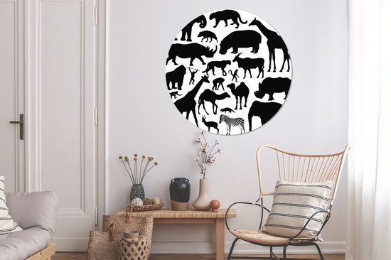 Une illustration en silhouette des Big Five et d'autres animaux Assiette en plastique cercle mural Ø 150 cm XXL / Groot format!