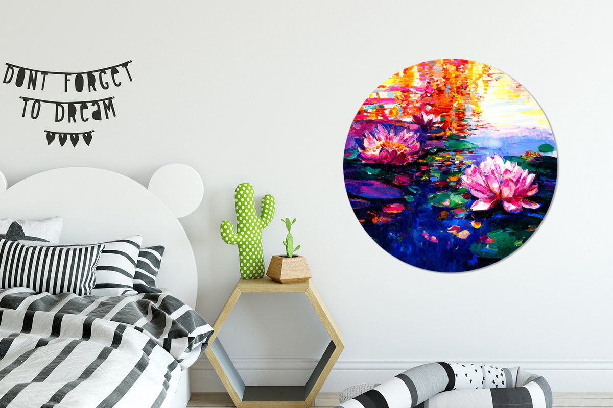 WallCircle - Wandcirkel - Muurcirkel - Schilderij - Waterlelie - Olieverf - Water - Aluminium - Dibond - 90x90 cm - Binnen en Buiten