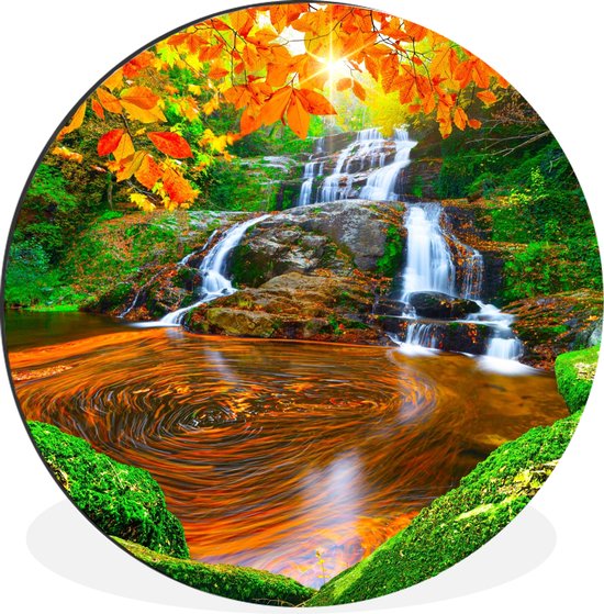 WallCircle - Wandcirkel - Muurcirkel - Natuur - Waterval - Stenen - Mos - Bladeren - Groen - Aluminium - Dibond - ⌀ 60 cm - Binnen en Buiten