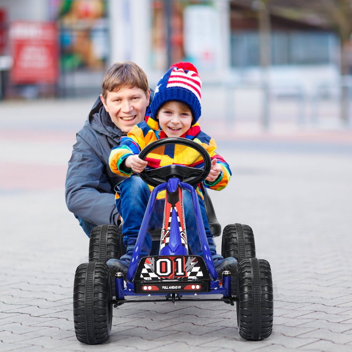 COSTWAY Gocart met verstelbare zitting, skelter met handrem, trapauto, belastbaar tot 30 kg, pedaalvoertuig, pedaalvoertuig, kindervoertuig voor kinderen van 3 tot 6 jaar (blauw