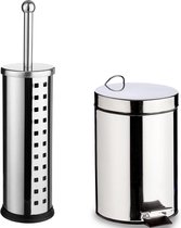 5Five - Toiletborstel houder zilver rvs 39 cm met pedaalemmer 3 liter