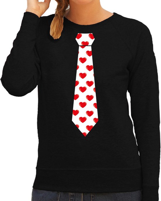 Bellatio Decorations Valentijn thema verkleed sweater / trui hartjes stropdas - dames XS