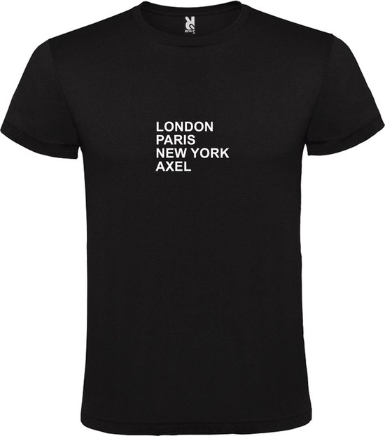 Zwart T-Shirt met “ LONDON, PARIS, NEW YORK, AXEL “ Afbeelding Wit Size S