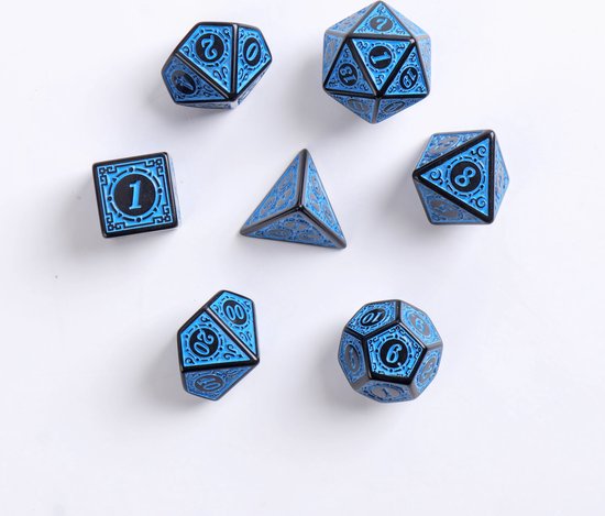 Thumbnail van een extra afbeelding van het spel Lapi Toys - Dungeons and Dragons dobbelstenen - D&D dobbelstenen - D&D polydice - 1 set (7 stuks) - Inclusief kunstleren bewaarzak - Acryl - Blauw - Zwart