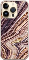 Hoesje geschikt voor Apple iPhone 14 Pro - Golden Pink Marble - Marmer - Paars - Apple Soft Case Telefoonhoesje - TPU Back Cover - Casevibes