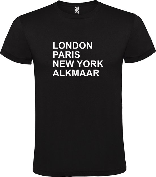Zwart T-shirt 'LONDON, PARIS, NEW YORK, ALKMAAR' Wit Maat S