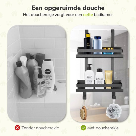 Vergelijking van een rommelige douche zonder rek en een opgeruimde douche met het zwarte 2-laags doucherek.