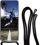 Hoesje met koord Geschikt voor iPhone XR - Voetballer doet een volley - Siliconen - Crossbody - Backcover met Koord - Telefoonhoesje met koord - Hoesje met touw