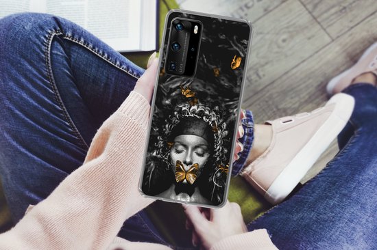 Convient pour coque Huawei P40 Pro - Femme - Papillons - Zwart - Wit - Coque de téléphone en Siliconen