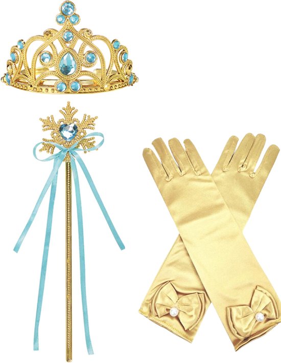 Prinsessen Speelgoed - Prinses Kroon (Tiara) - Toverstaf - Prinsessen Handschoenen - Voor bij je Verkleedkleding - Blauw - Goud