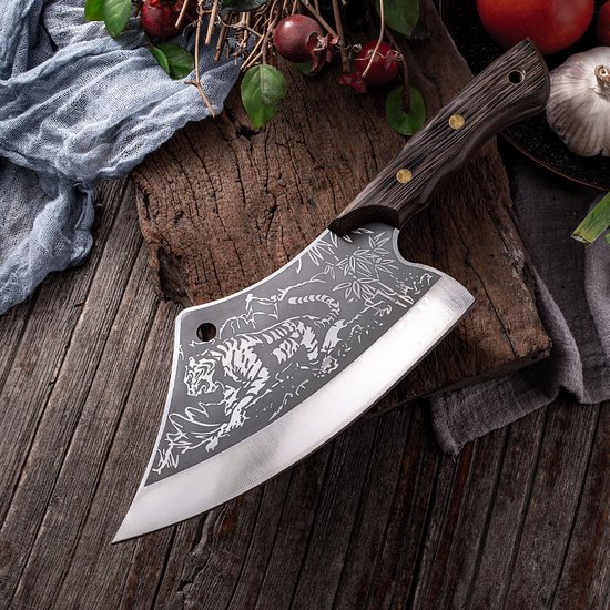 T&M Knives Couteau à découper Thors 32 cm - Couteau de chef à imprimé tigre en acier gravé au laser - Couteau de cuisine japonais Premium - Coffret cadeau inclus