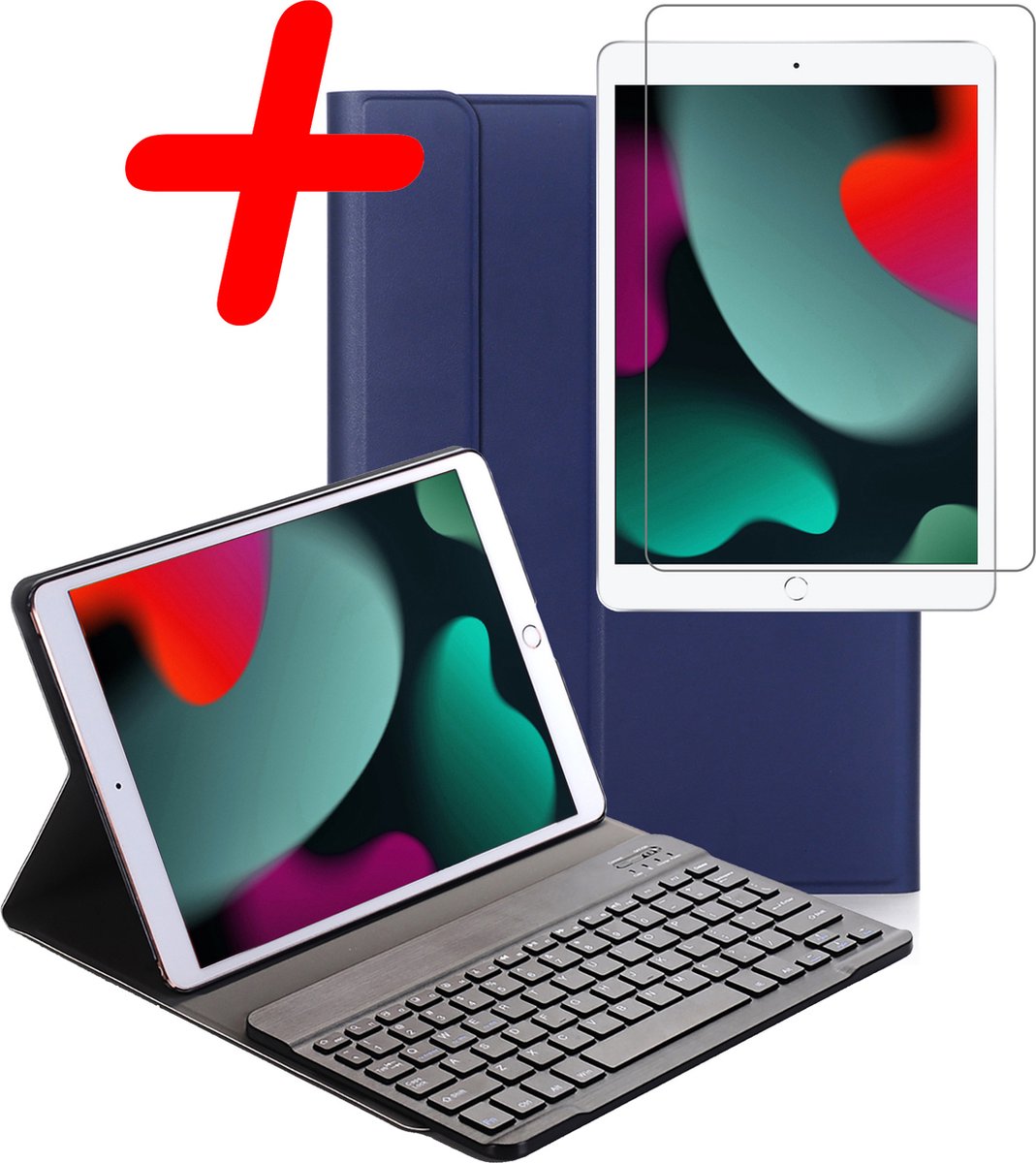 Hoesje Geschikt voor iPad 10.2 2021 Toetsenbord Hoes Book Case Met Screenprotector - Hoes Geschikt voor iPad 9 Toetsenbord Hoesje Keyboard Cover - Donkerblauw