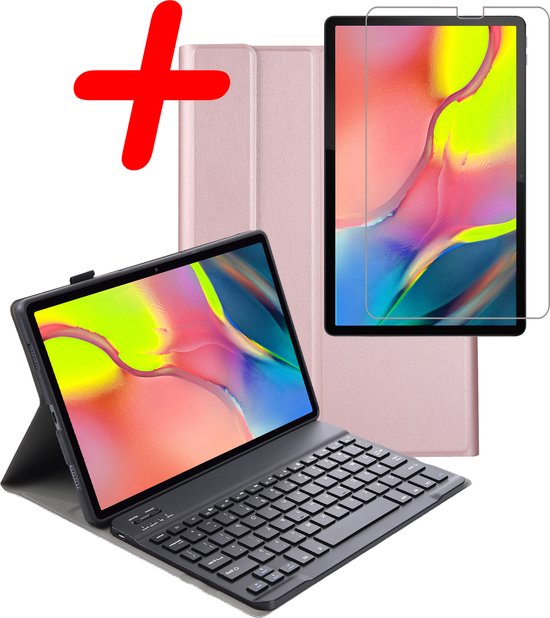 Hoesje Geschikt voor Samsung Galaxy Tab A 10.1 2019 Toetsenbord Hoes Book Case Met Screenprotector - Hoes Geschikt voor Samsung Tab A 10.1 (2019) Toetsenbord Hoesje Keyboard Cover - Rosé goud