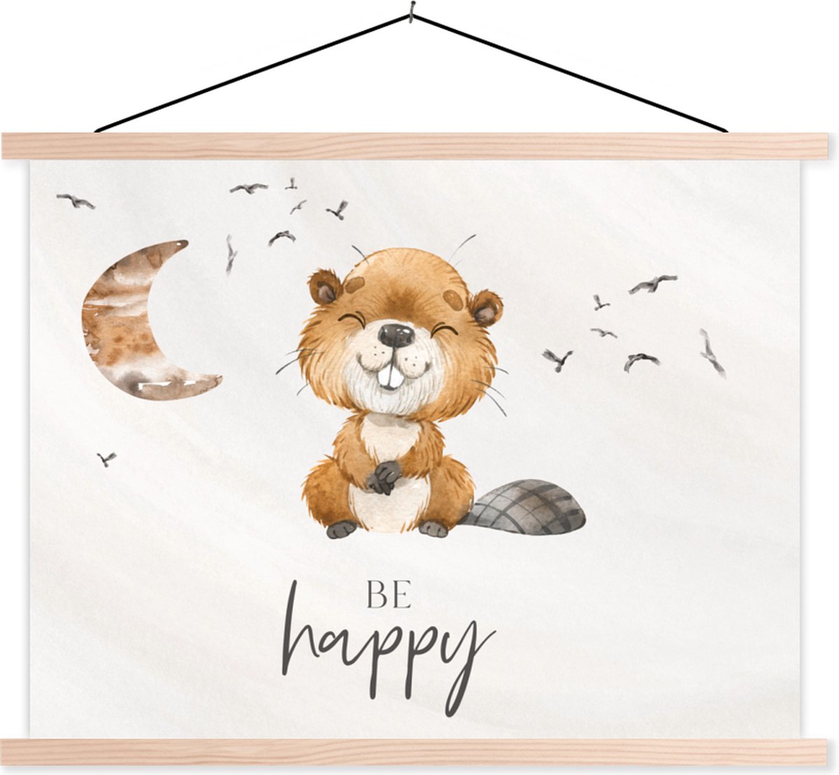 Decoratie voor kinderkamers - Schoolplaat kind - Quotes - Be happy - Kinderen - Maan - Bever - Waterverf - Wanddecoratie - 40x30 cm