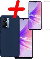 Hoes Geschikt voor OPPO A77 Hoesje Siliconen Back Cover Case Met Screenprotector - Hoesje Geschikt voor OPPO A77 Hoes Cover Hoesje - Donkerblauw