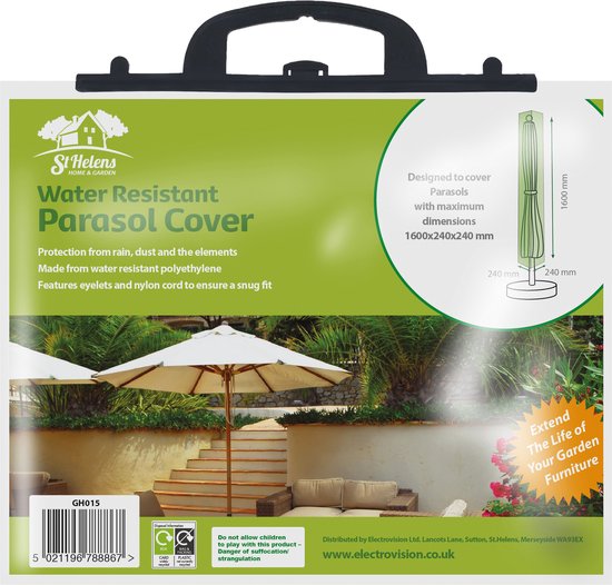 Waterdichte parasolhoes van St. Helens Home & Garden in groen, met maataanduiding 1600 mm hoog en 240x240 mm breed.