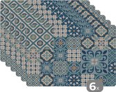 Placemat - Placemats kunststof - Bloemen - Blauw - Design - Tegel - 45x30 cm - 6 stuks - Hittebestendig - Anti-Slip - Onderlegger - Afneembaar