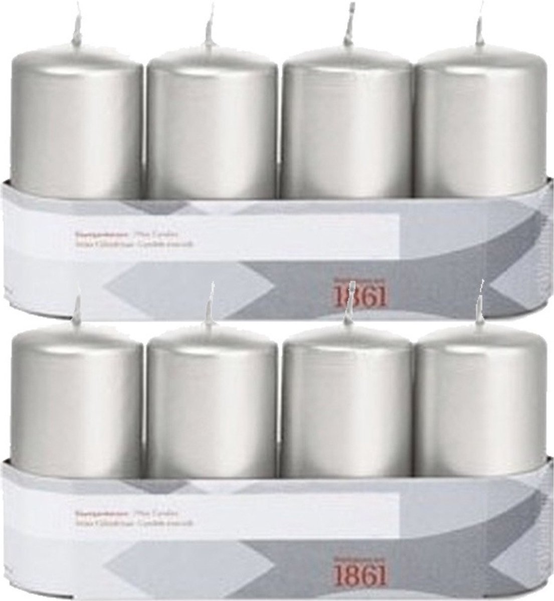 Trend Candles 8x cilinderkaarsen - 18 branduren - geurloos - zilverkleurig - stompkaarsen