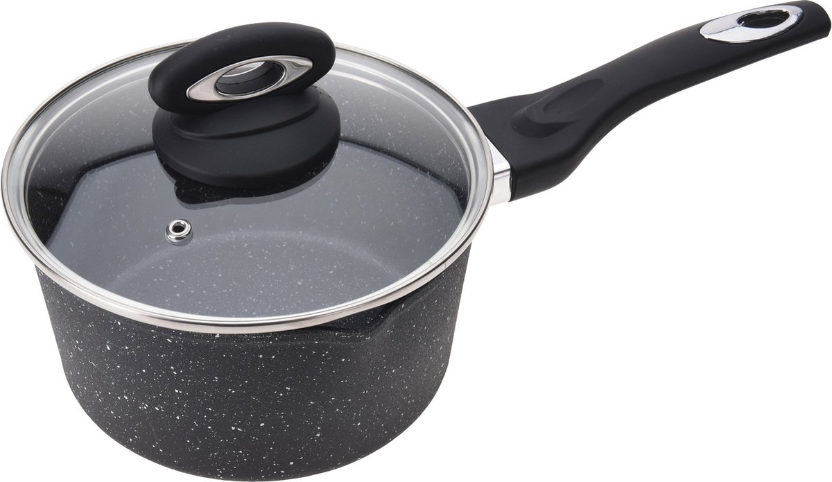 Zwarte steelpannen met glazen deksel 18 cm - Keukenbenodigdheden - Kookbenodigdheden - Koken - Pannen - Sauspannen/juspannen - Aluminium steelpannen