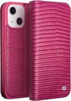 Qialino - Geschikt voor iPhone 14 - Leren bookcase hoes - Croco Roze