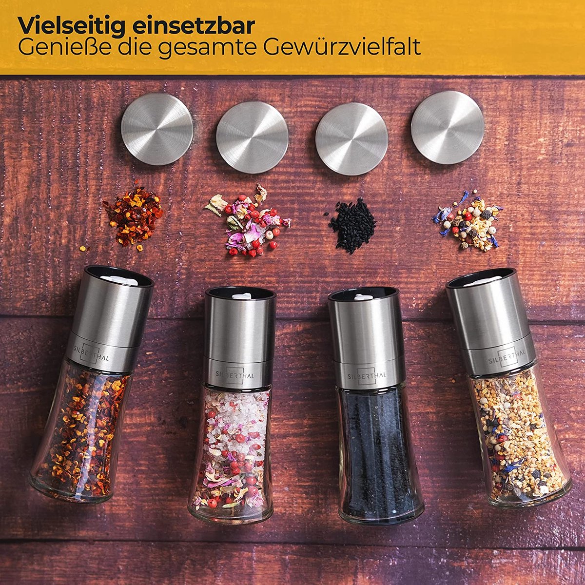 SILBERTHAL Moulin à poivre et sel 2 pièces – avec bague de réglage externe – mécanisme à 6 niveaux, broyeur en céramique durable, couvercle aromatique et récipient en verre compatible lave-vaisselle