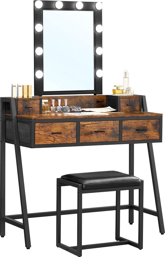 VASAGLE Coiffeuse avec miroir et LED, 2 tiroirs, 3 compartiments, SANS  TABOURET, 80 x 40 x 145 cm, style moderne, RDT114W01