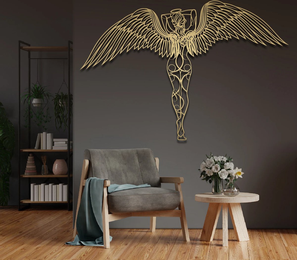 Metalen Wanddecoratie Engel – 3D Wandkunst – Goud/Zwart – 84 x 110 cm